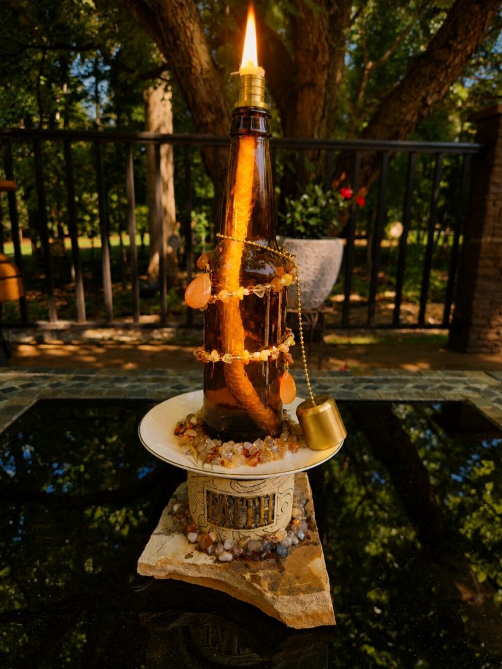 Upcycled Tiki Torch Carnelian Stone Accents Flagstone Base